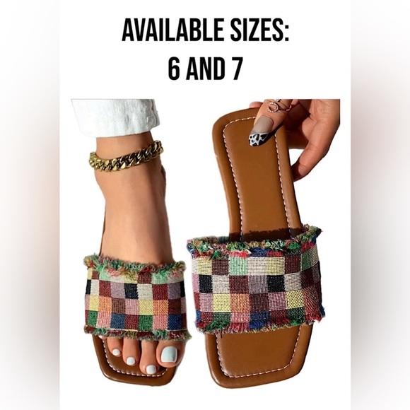 Leather Sole Colorblock Plaid Pattern Slides - Picture 1 of 9